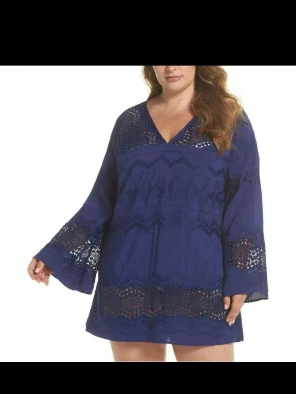 La Blanca Womens |M| Island Fare Blue Crochet/Embroidered Tunic Swim Cover Up - Picture 2 of 9